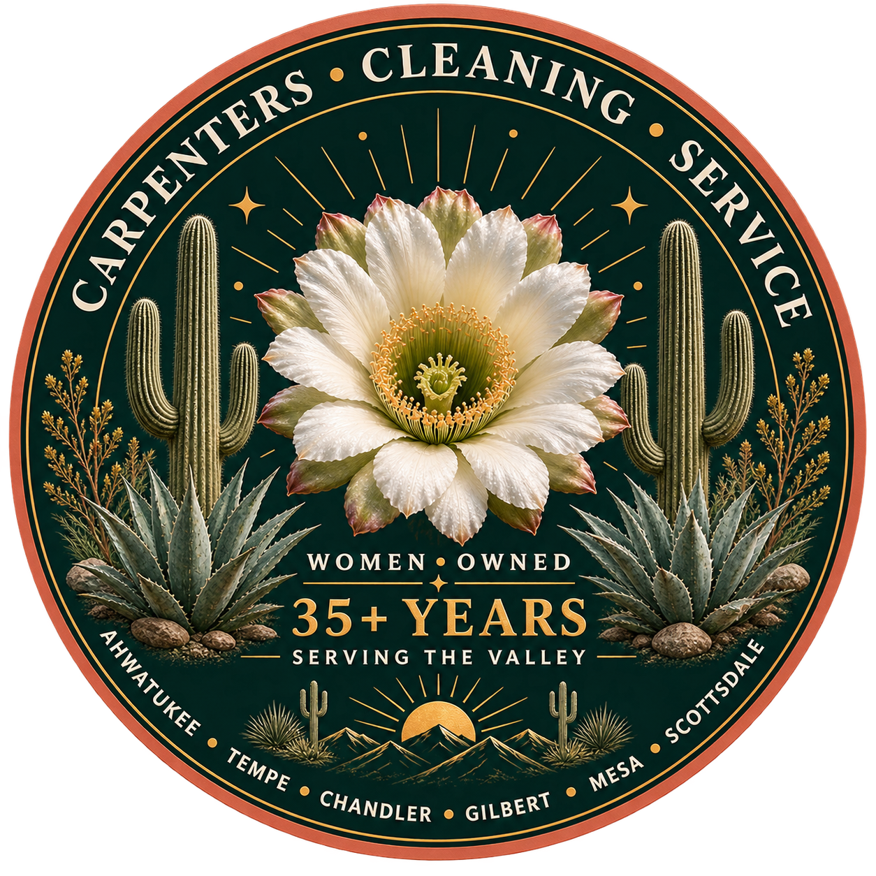 Carpenters Cleaning Service — women-owned, 35+ years serving the valley. Arizona cactus flower, saguaros and desert sun.